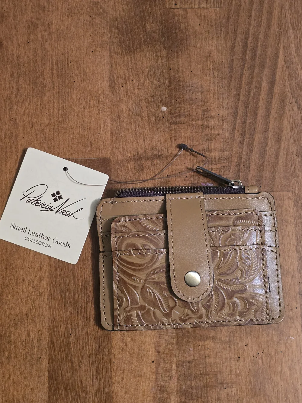 Patricia Nash Tan Tooled Leather Card Wallet with Snap Closure
